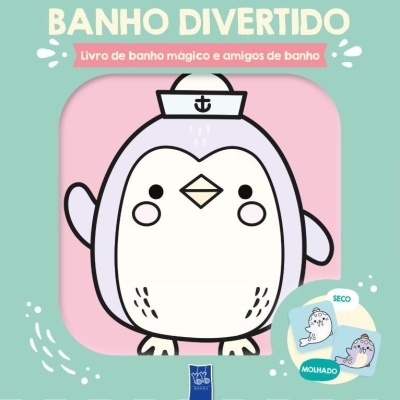 Ilustração de pinguim marinheiro com texto Banho Divertido e imagens de foca seca e molhada