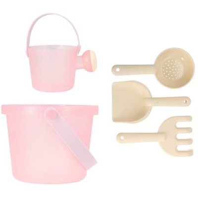 Conjunto de balde rosa, regador e ferramentas de areia creme