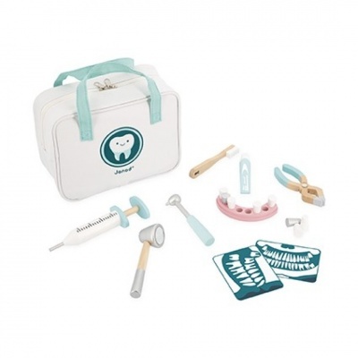 Conjunto de brinquedo dental infantil com mala branca e ferramentas dentárias coloridas