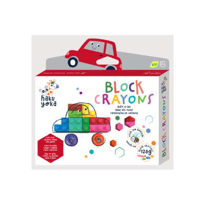 Embalagem Block Crayons Haku Yoka com blocos coloridos em forma de carro e imagem de carro vermelho