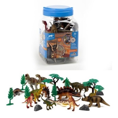 Conjunto de figuras de dinossauros em frasco transparente com tampa azul