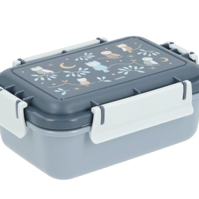 Recipiente para almoço cinzento com tampa decorada com corujas e fechos brancos