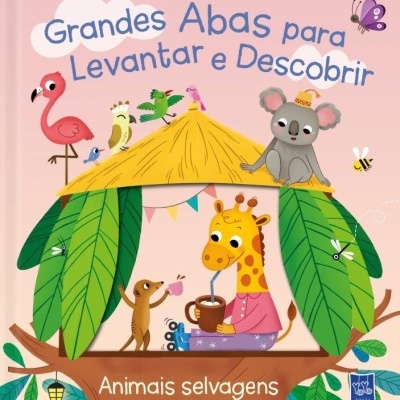 Capa de livro infantil colorida com animais selvagens numa cabana e texto promocional em português.