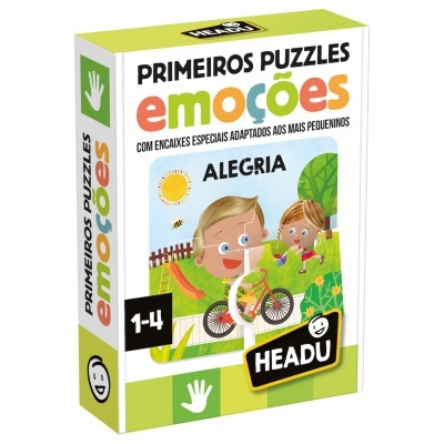 Embalagem de puzzle para crianças com tema emoções e texto em português.