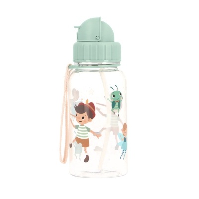 Garrafa de água infantil transparente com desenhos coloridos e tampa verde clara