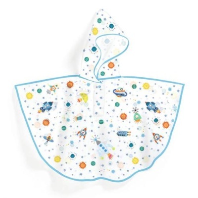 Poncho infantil com capuz branco e estampa de foguetes e planetas