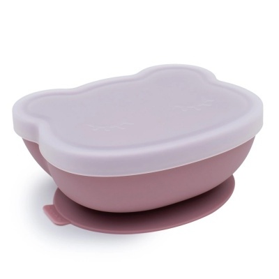 Tigela em silicone rosa com tampa branca em forma de nuvem e base antiderrapante