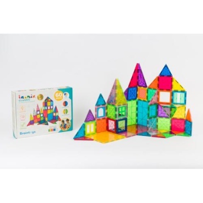 jogo de blocos magnéticos coloridos com formas geométricas e caixa associada