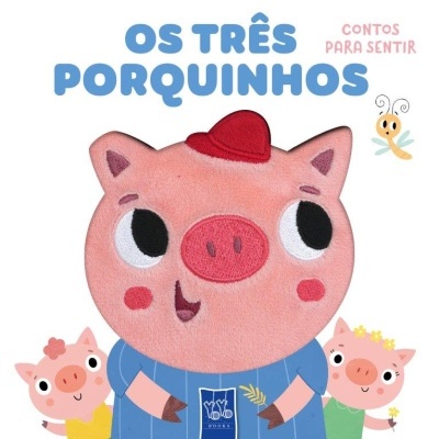 Capa de livro dos três porquinhos com imagem de peluche e personagens coloridos