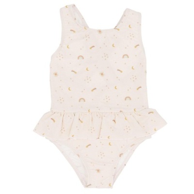 Fato de banho creme com estampado dourado e saia franzida