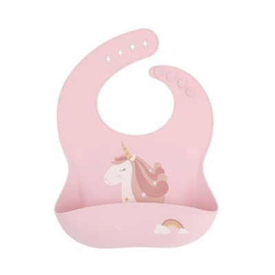 Babete de silicone rosa com bolso e desenho de unicórnio