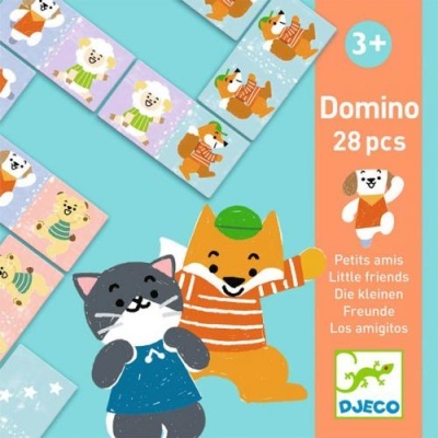 Embalagem do jogo dominó para crianças com personagens de animais coloridos.