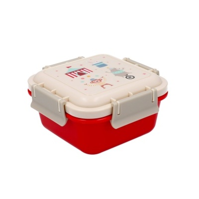 Caixa para comida vermelha com tampa creme decorada, fechos laterais creme.