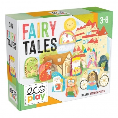 Caixa colorida de jogo infantil FAIRY TALES com 9 peças de madeira e personagens de contos de fada