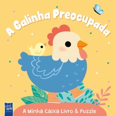 Capa colorida de livro e puzzle com desenho de galinha azul e pintainho amarelo