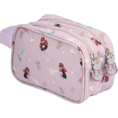 Neceser retangular rosa com padrão de desenhos e fecho duplo