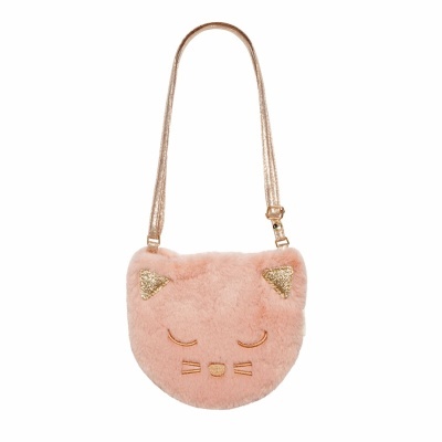 Bolsa infantil rosa claro em forma de gato com alça dourada