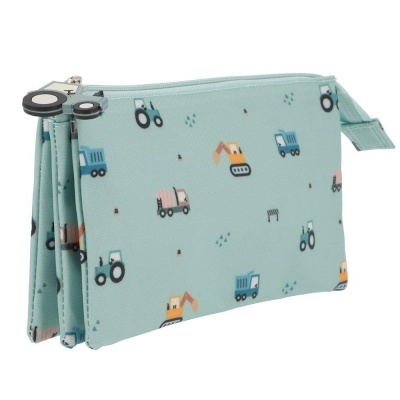 Necessaire azul clara com padrão de veículos de construção e fechos zip