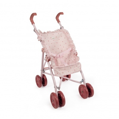 Carrinho de bonecas rosa com tecido xadrez e rodas castanhas