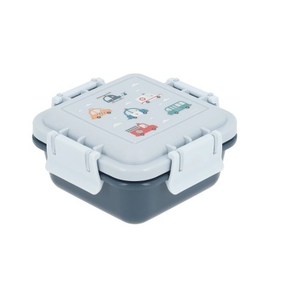 Marmita quadrada cinza com fechos e desenhos de veículos