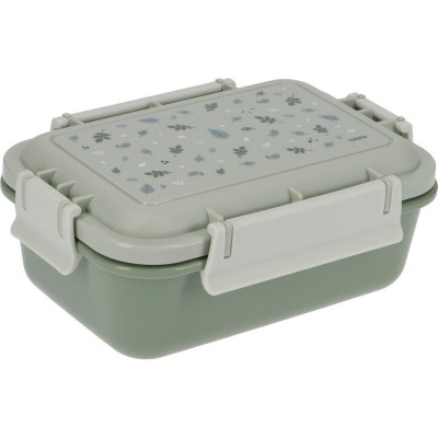 Caixa de plástico verde claro para alimentos com tampa decorada com folhas e flores e fechos laterais