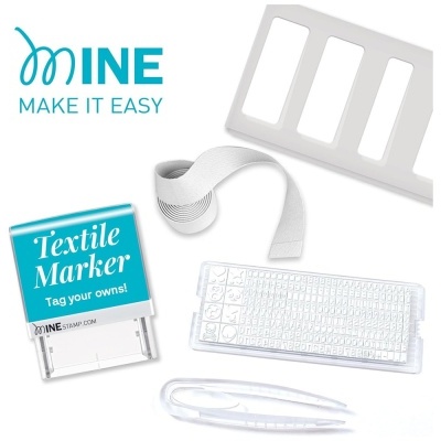 Kit de marcação têxtil MINE com carimbo, folhas de letras, pinça e fita