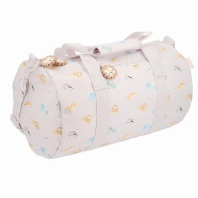 Mala de desporto cilíndrica com padrão de desenhos coloridos e alças cinzentas