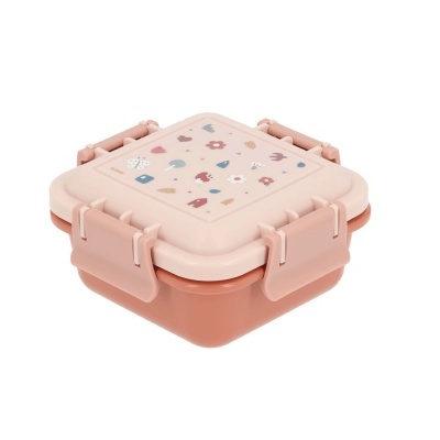 Pote quadrado em plástico rosa com tampa decorada e fechos laterais