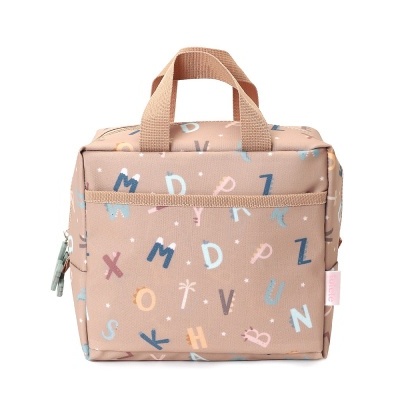 Bolsa pequena rosa claro com letras coloridas e alças pequenas