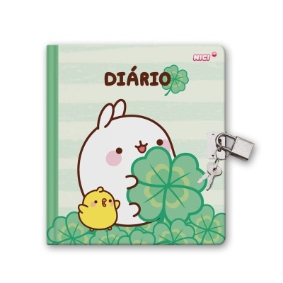 Diário verde claro com desenho de coelho, pintainho e trevos, com cadeado prateado.