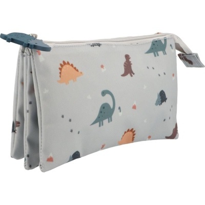 Estojo de tecido cinza com estampado de dinossauros coloridos e fecho de correr.