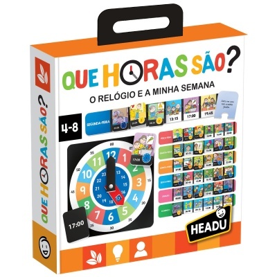 Embalagem jogo educativo QUE HORAS SÃO? para crianças com relógio e rotina semanal