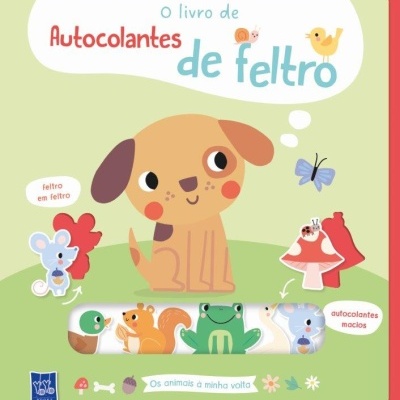 Capa de livro ilustrado de autocolantes de feltro com animais coloridos.
