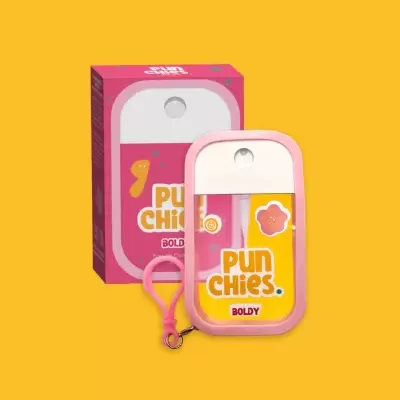 Frasco spray transparente com tampa branca e moldura rosa com embalagem rosa