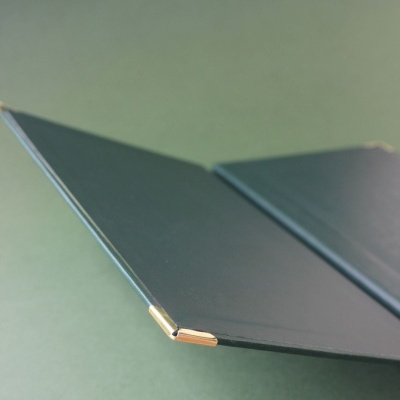 Capas rígidas pretas com cantos metálicos dourados em fundo verde