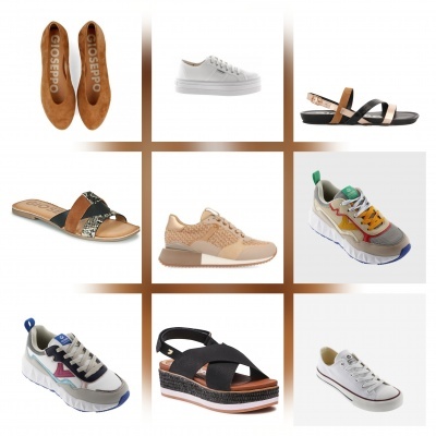 Conjunto de nove calçados variados incluindo sapatilhas, ténis e sandálias com diferentes cores e designs