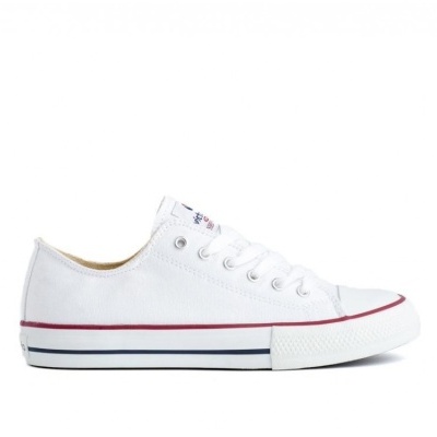 Sapatilha branca de lona com sola branca e riscas coloridas.