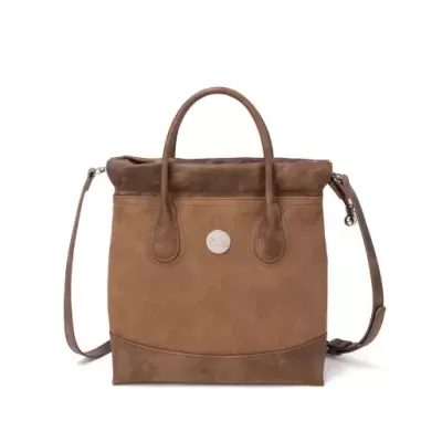 Mala de senhora quadrada castanha com alças duplas e alça ajustável.