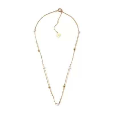 Colar fino com pérolas brancas e douradas em corrente dourada