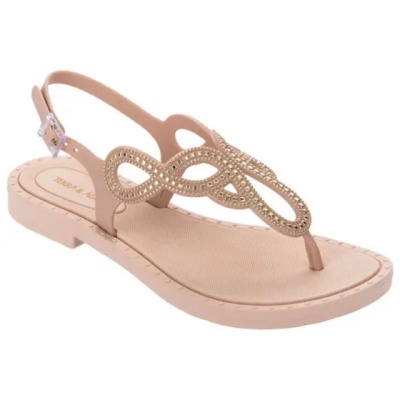 Sandália bege feminina com tira decorativa de pedras brilhantes