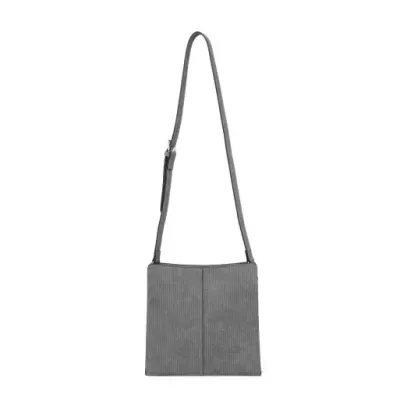 Mala de ombro cinzenta com padrão de riscas verticais e alça ajustável