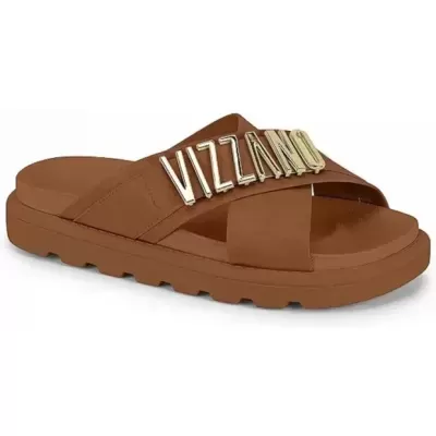 Chinelo castanho com tiras cruzadas e detalhes dourados VIZZANO