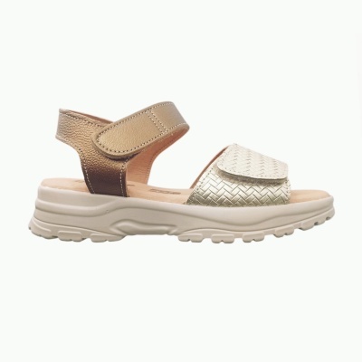 Sandália feminina creme e castanho com sola grossa branca e fecho de velcro