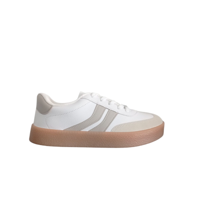 Ténis branco com riscas cinza e sola castanha clara