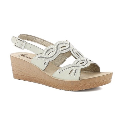 Sandália branca de cunha com detalhes ondulados e sola castanha texturizada