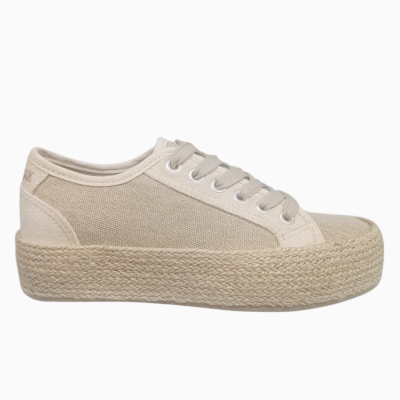 Ténis plataforma bege com sola entrelaçada e atacadores