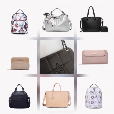 Coleção de nove bolsas e mochilas de variadas cores e estilos em fundo branco.