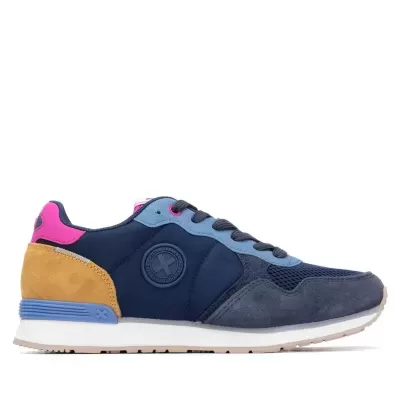 Ténis desportivos masculinos azuis com detalhes castanhos e rosa