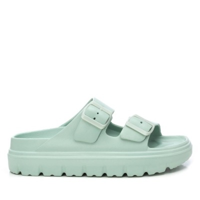 Chinelo slide verde água com fivelas e sola grossa