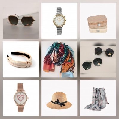 Colagem de acessórios de moda incluindo óculos, relógios, lenços e chapéu